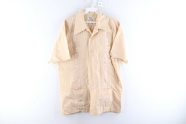 Vintage 70s Rockabilly Mens Large Floral Wedding Guayabera Button Shirt Beige - £62.67 GBP