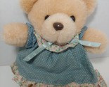 Dandee Teddy Bear plush vintage peach tan wearing blue dress flowers pol... - £16.34 GBP