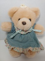 Dandee Teddy Bear plush vintage peach tan wearing blue dress flowers polka dots - £16.28 GBP