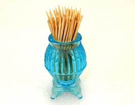 Blue Footed Pot Belly Stove Toothpick Holder, Ribbed Pressed Glass, TPK-478 - £7.86 GBP