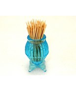 Blue Footed Pot Belly Stove Toothpick Holder, Ribbed Pressed Glass, TPK-478 - $182.52 MXN