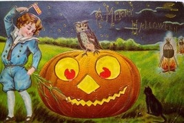 Victorian Halloween Postcard Fantasy Child JOL US Flag Black Cat Owl Cau... - £74.31 GBP