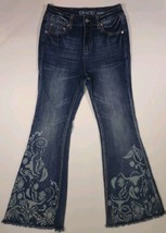 GRACE in LA Women&#39;s Size 27 High Waist Blue Frayed Flare Jeans Decorative Print - $36.11