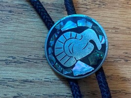 Vintage Bolo Tie Alpaca Mexico Stamped Silver Abalone Shell Inlaid Aztec... - £33.36 GBP