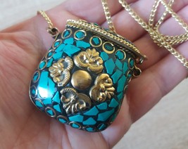 Basket Turquoise Mosaic Gemstone Pendant Necklace, Colorful Basket Necklace - £47.31 GBP