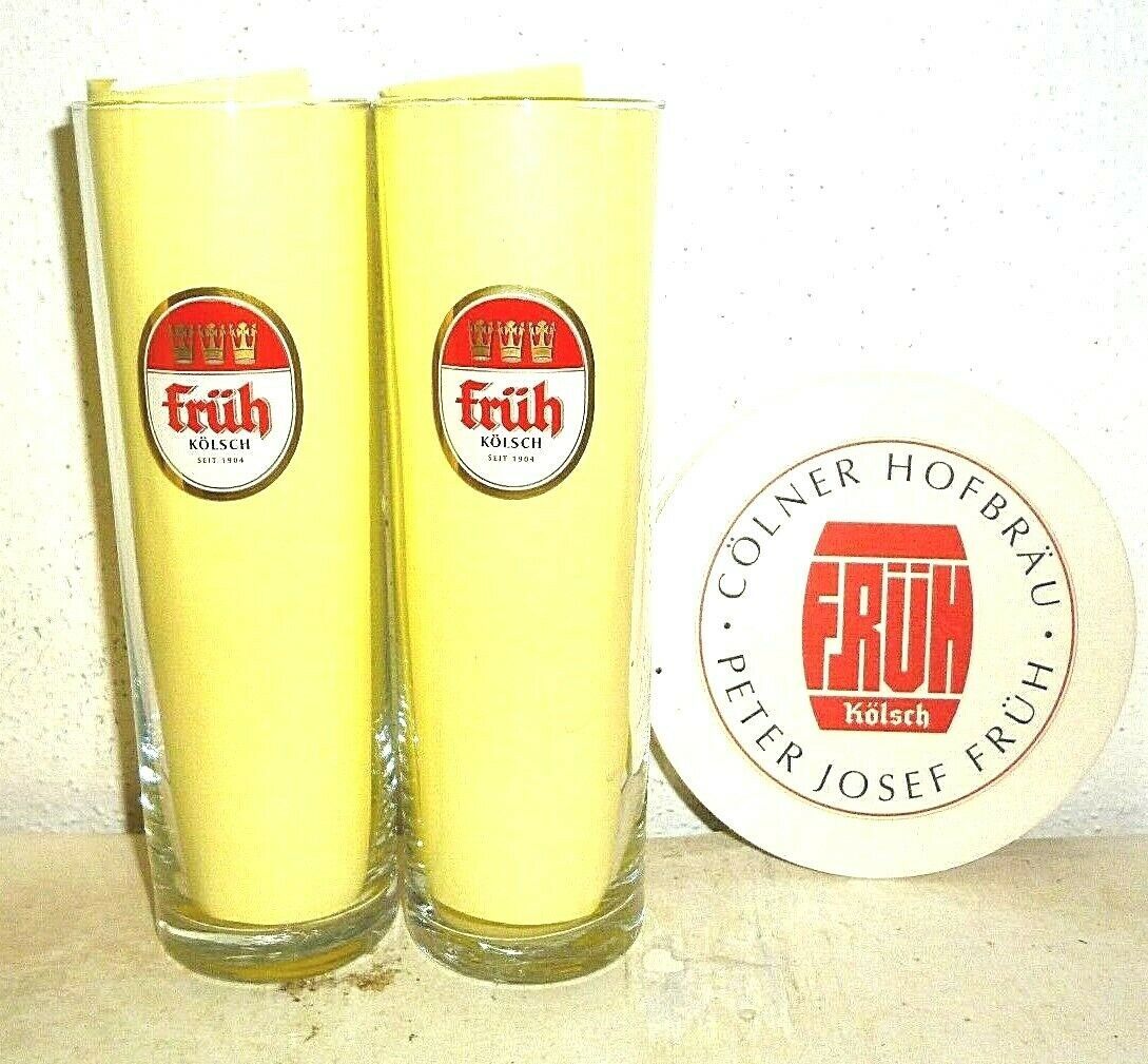 2 Fruh Kolsch Cologne Koln Colonia German Beer Glasses & Coasters NEW