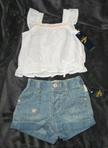 Baby Girl Oshkosh B&#39;gosh Ruffle Flutter Tank Top Blouse Flower J EAN Shorts 3-6 - £15.81 GBP
