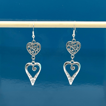 BBM Striking Sterling Double Heart  Dangles Earrings - £34.83 GBP