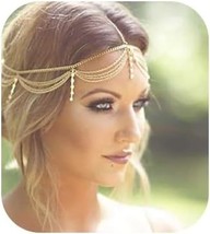 Gold Rhinestone Wedding Bridal Prom Bohemian Boho Grecian Head Chain Hair Jewelr - £18.48 GBP