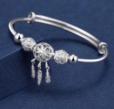 Dreamcatcher Tassel Feather Lucky Bead Bangle - Sterling Silver - £11.94 GBP
