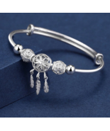 Dreamcatcher Tassel Feather Lucky Bead Bangle - Sterling Silver - £11.79 GBP
