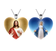 Jesus &amp; Mary Heart Shaped Necklaces Pendant Set Catholic Jewelry Gift - £13.58 GBP