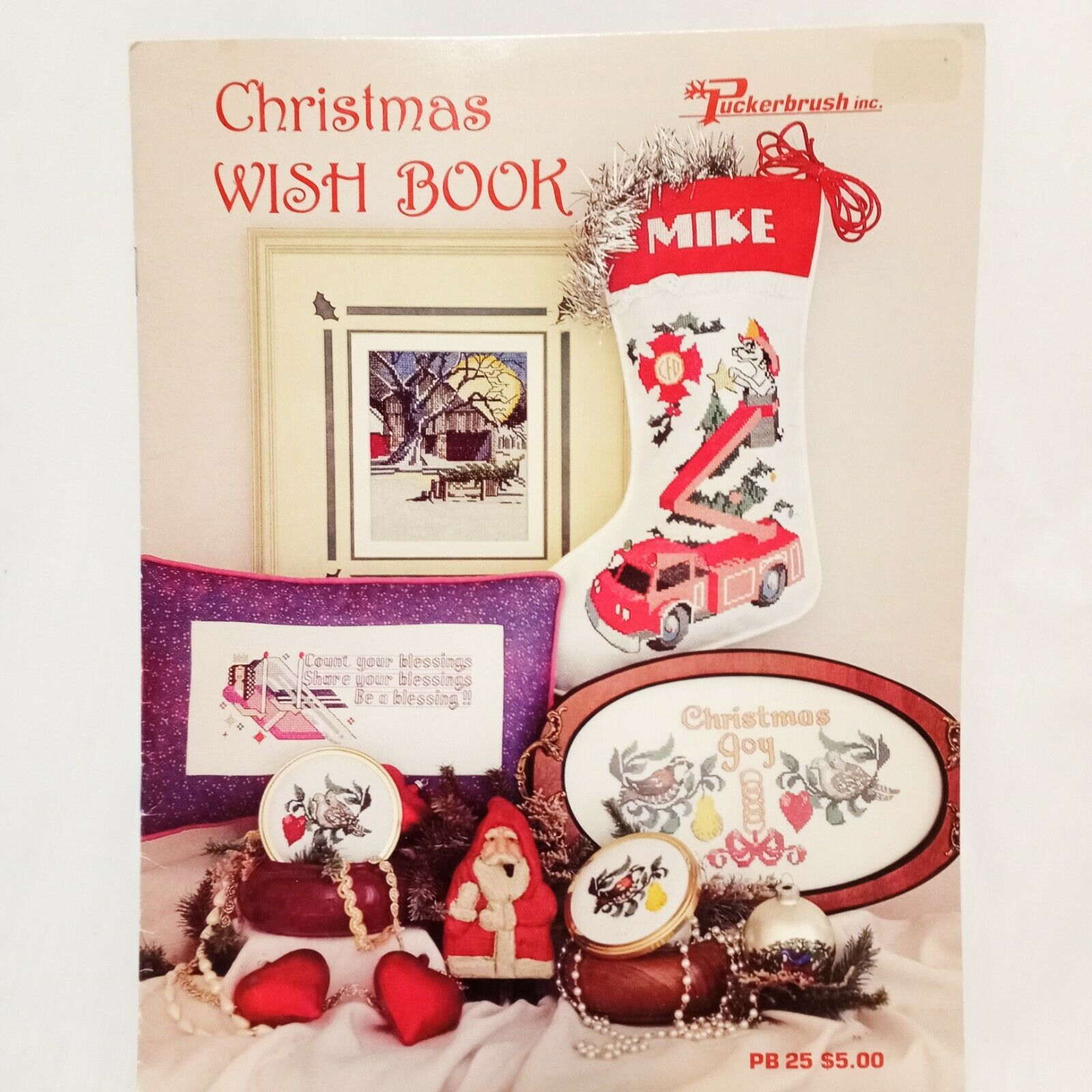 Christmas Wish Book Cross Stitch Leaflet PB25 Patterns 1989 Fire Truck Birds   - $14.99
