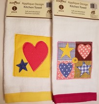 Kitchen Hand Towels set of 2 Embroidered Applique Hearts Stars Red Yellow NWT image 5