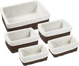 Set Of 5 Brown Wicker Baskets With Cloth Lining For Storage, Lined Bins, 3 Sizes - $46.99