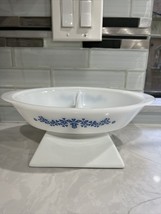 Vintage Glasbake Oval Milk Glass Divided Casserole Dish Blue Daisy Flower - £12.99 GBP