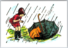Winnie the Pooh Postcard Christopher Robin Umbrella rain - $9.87