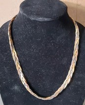 Vintage 80s Tri Color Necklace Sterling Silver Rose Gold Herringbone Bra... - $34.75