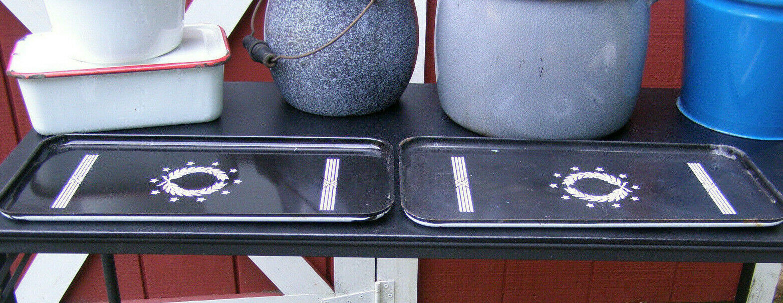 VINT. LOT OF 2 Pc. ART DECO BLACK+WHITE PORCELAIN ENAMELWARE LONG BARWAR... - $4.95