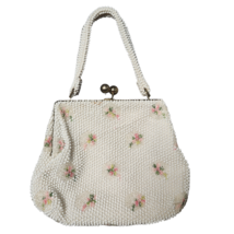 Lumured Corde Petite Beaded Vtg 50s Kiss Lock Bag Purse Ivory Floral Embroidered - £39.54 GBP