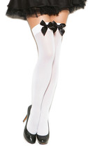 Satin Bow Thigh Highs Stockings Opaque Nylons Hosiery Black White Red 1708 - £8.02 GBP
