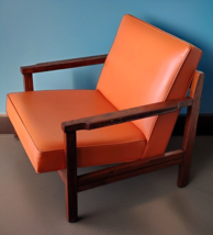 Mid Century Danish Mod Walnut Lounge Arm Chair Orange Vinyl Wooden Selig... - £306.18 GBP