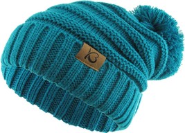 KB ETHOS Chunky Cable Knit Women&#39;s Turquoise Blue  Pom Pom Beanie Winter... - $16.14