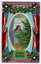 Christmas Postcard Arthur Horwit Patriotic Ribbon Girl Tree Embossed Ant... - £21.50 GBP