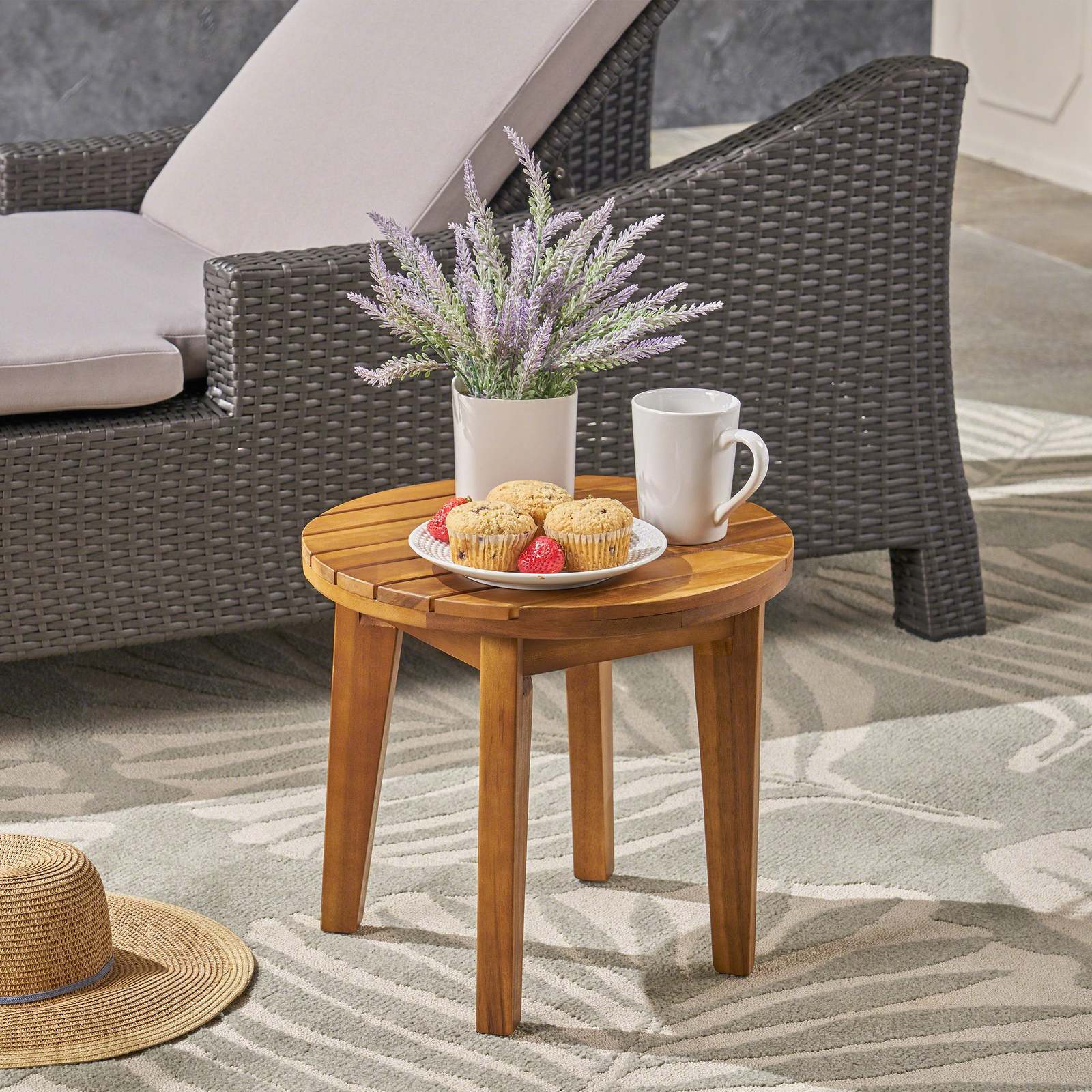 Acacia Wood Side Table: 16&quot; Outdoor Teak Finish - $66.99