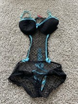 Hotkiss One Piece lace up back heart mesh Blue/Black Lingerie Sleepwear ... - $10.39