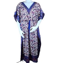 Kaftan Dress Belted Long Purple Fuchsia Paisley Border Print V-Neck Side Slits - £37.94 GBP