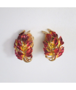 Fall Leaves Clip Earrings Red Goldtone Mid Century Vintage 60s - $17.79