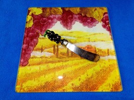 Glass Cheese Board &amp; Knife Set ~ Vineyard &amp; Grapes, Gift Box w/Ribbon ~ #3679 - £7.00 GBP