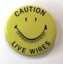 Vtg Caution Live Wires Braces Mouth Dentist Dental Work Button Pin Yello... - £9.59 GBP