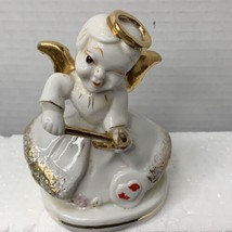 Vintage Porcelain Angel Figurine Made in Japan 1950&#39;s Mining For Love Gold Trim - £6.37 GBP