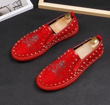NEW  Leather Men Slippers  Casual Low Top Rivets Men Loafers Round Toe Flat Wedd - £66.69 GBP