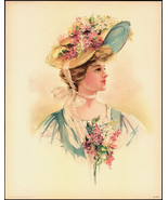 1908 Victorian Print - Lady in Yellow Easter Parade Hat with Hyacinths - £9.73 GBP