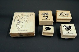 Stampin&#39; Up! Wood Mounted Rubber Stamps Lot of 5 Gymnast Leaf Flower Music Notes - £10.37 GBP