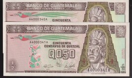 1972-1983 Guatemala &quot;Tecum Uman&quot; Nat. Hero 1/2 Quetzal x 2 Consecutive C... - $12.00
