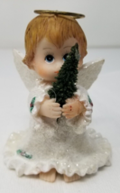 Glitter Angel Figurine Christmas Tree Holding Halo Resin Vintage  - $15.15