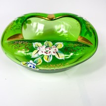 Vintage Bohemian Green Hand Enameled  Floral Glass Ashtray - £15.76 GBP