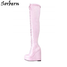 Custom Over The Knee Boots Women Light Pink Wedges High Heel Lace Up Mid Thigh H - £285.45 GBP