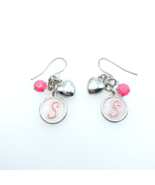Silvertone Dangle Heart Earrings Letter S Pink Beads 1-1/2&quot; Long - $1.35 CAD