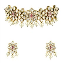 VeroniQ Trends-Handcrafted Kundan Choker Necklace with Pink Stone And Pearls - £86.91 GBP