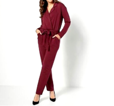 Attitudes by Renee French Terry Mock Wrap Jumpsuit- Windsor Wine, MEDIUM - $28.59
