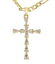 Womens Cross Tear Drop CZ Pendant 20&quot; Figaro Necklace 14k Gold Plated Jewelry - £8.81 GBP