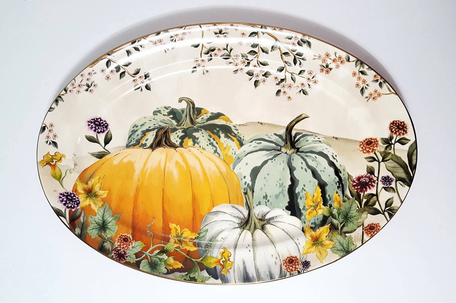 NEW RARE Pottery Barn Botanical Harvest Pumpkin Oval Serving Platter 17.25 x 1.5 - $144.99