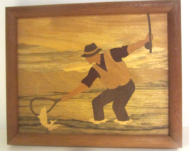 Fishing on the river Inlay Marquetry Wood Framed - Jeff Nelson Signed vi... - $95.00