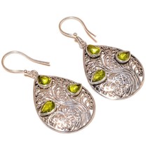 Peridot Pear Cut Gemstone 925 Silver Overlay Handmade Filigree Drop Earrings - £9.61 GBP