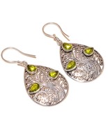 Peridot Pear Cut Gemstone 925 Silver Overlay Handmade Filigree Drop Earr... - $218.19 MXN